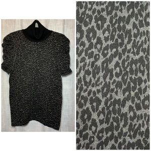 GNW Leopard Print, Turtleneck Puff/ Ruched Short Sleeve Top; Women's MEDIUM